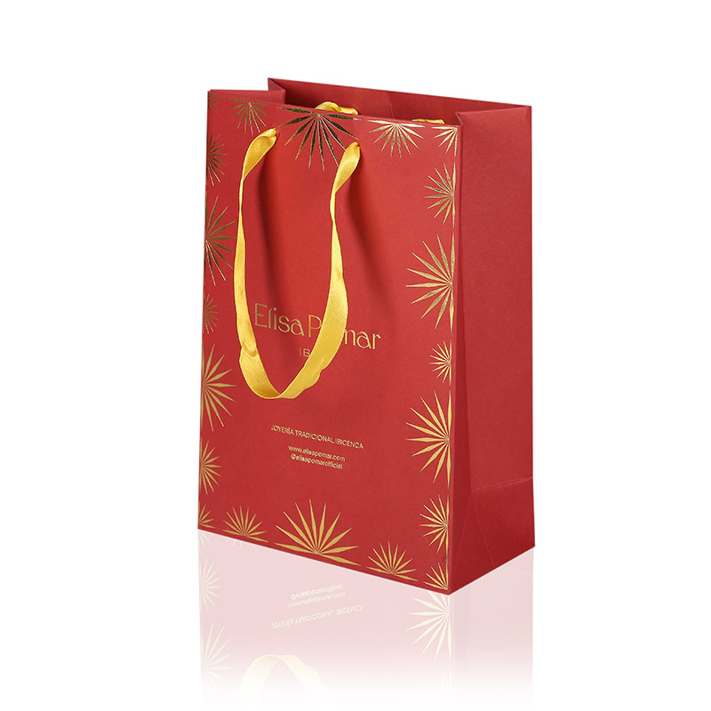burgundu uncoated jeweller bag with ribbon handle and gold hot foil