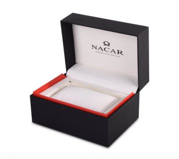 Hinged lid luxury watch box wiyh pillow that says nacar