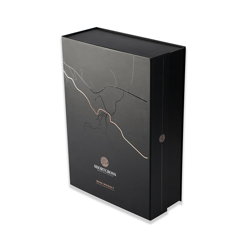 outside of magnetic luxury whisky box with hot foil and spot uv says shortcross