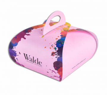 Mat laminated colourful pink cake box that say walde