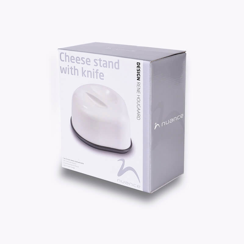 Glosys laminated product box that says cheese stand with knife