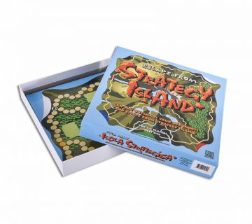 Lift off lid rigid game packaging box that says strategy island