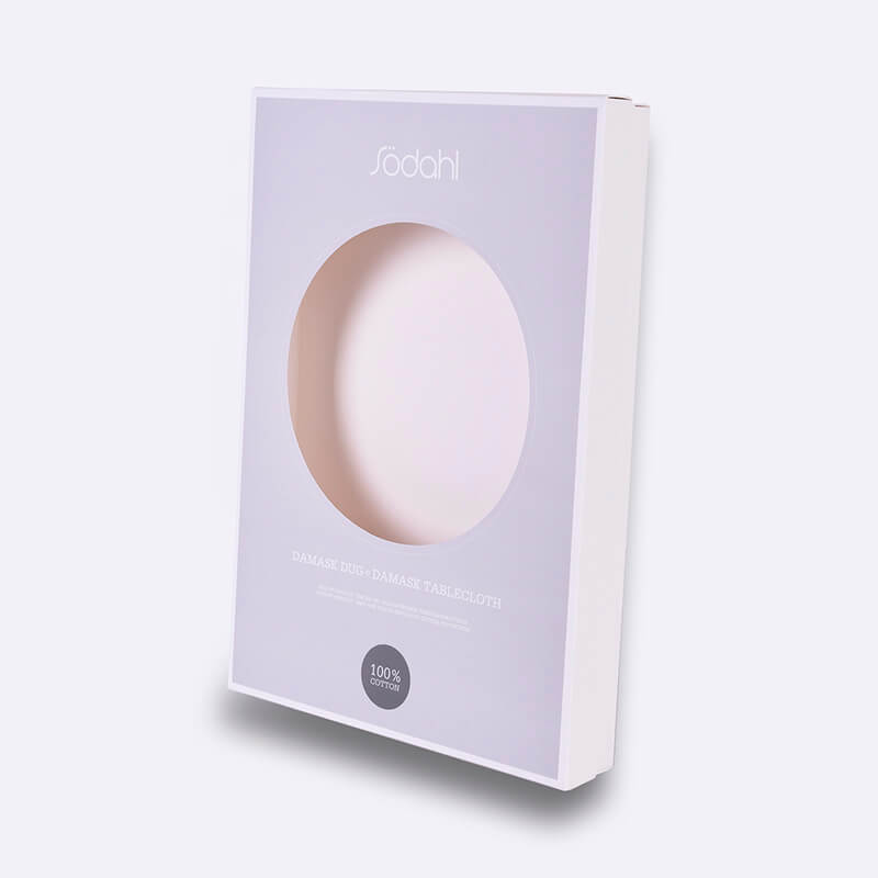 Two piece textile paper box with round window on the lid