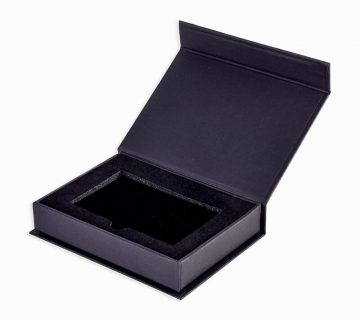 Black uncoated magnetic gift card box with flocked foam insert