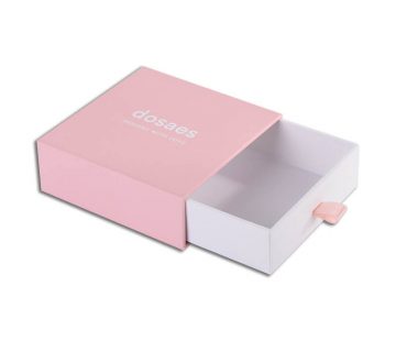 Light pink drawer style igid gift box with pull our ribbon