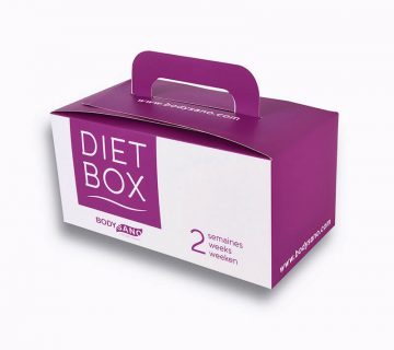 Matt laminated purple paper luch box that says diet box
