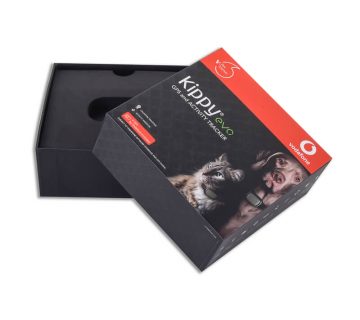 Sharp corner perfect line iphone style black lift off lid rigid paper box that says vodafone
