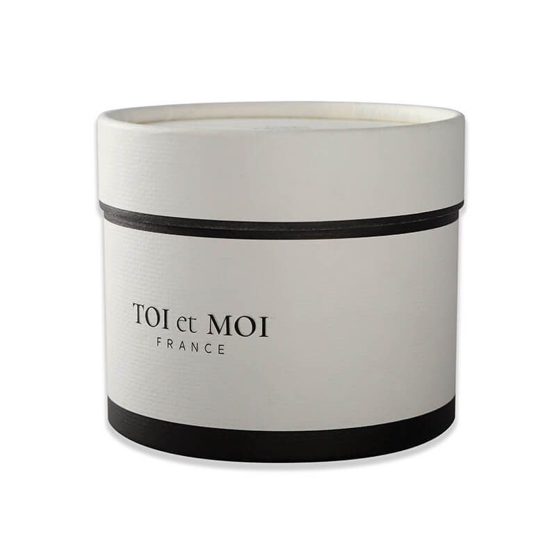 Luxury white and black telescopic cylinder box made by uncoated embossed paper
