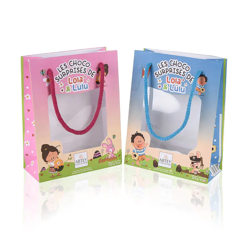 Uncoated luxury baby boy and baby girl paper bags with clear acetate window and cotton rope handle