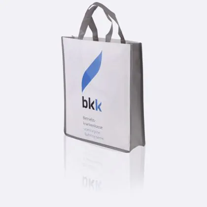 Glossy laminated blue and grey printed non-woven pp bag that says bkk