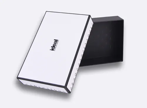 Lift off lid black and white rigid presentation box that says ideal perfumery