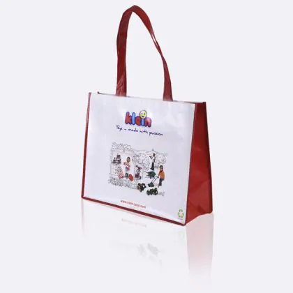 Laminated kinder garden tote bag with red handle
