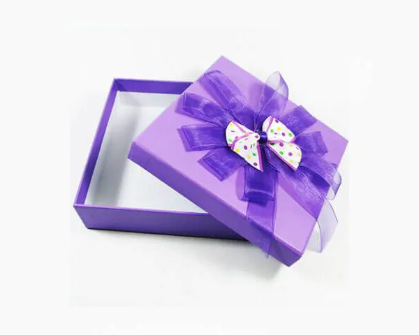 Purple bas and lid rigid gift box with ribbon organza bow
