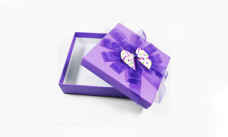 Purple bas and lid rigid gift box with ribbon organza bow