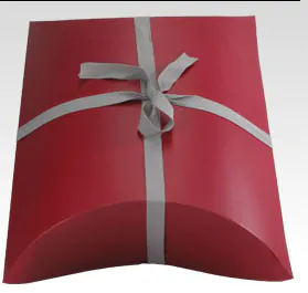 Burgundy pillow gift box with grey grosgrain ribbon