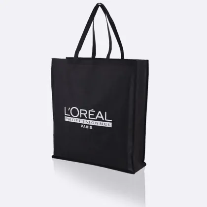 Black non-woven pp tote bag with white logo printing that says L'Oréal