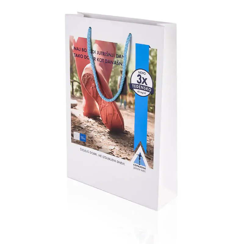 full colour offset printed matt laminated luxury paper bag with blue rope handle