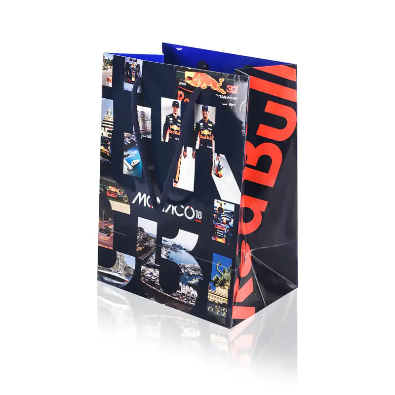 Gloss laminated luxury paper bag that says redbull monaco