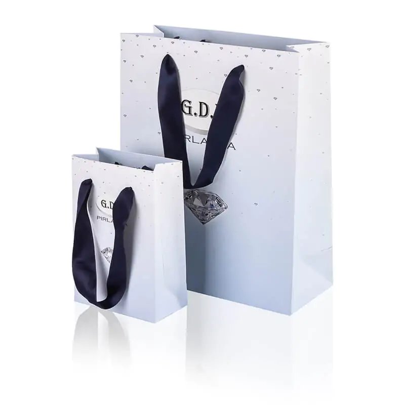 Matt laminated jeweller paper bag with ribbon handle and spot uv