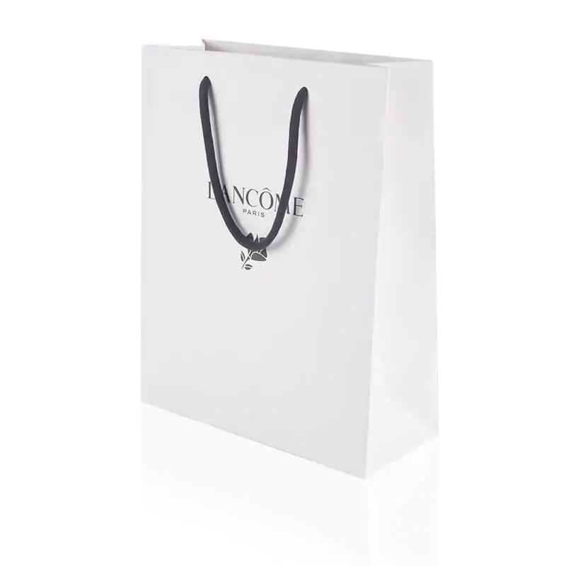 White luxury paper shopping bag that says lancome