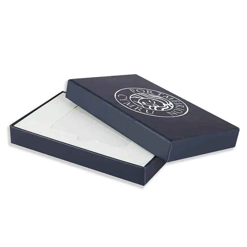 2 piece dark blue laminated rigid gift box with card insert