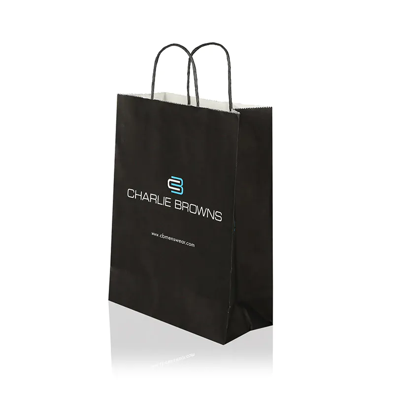 black printed twisted handled paper bag says charlie brown