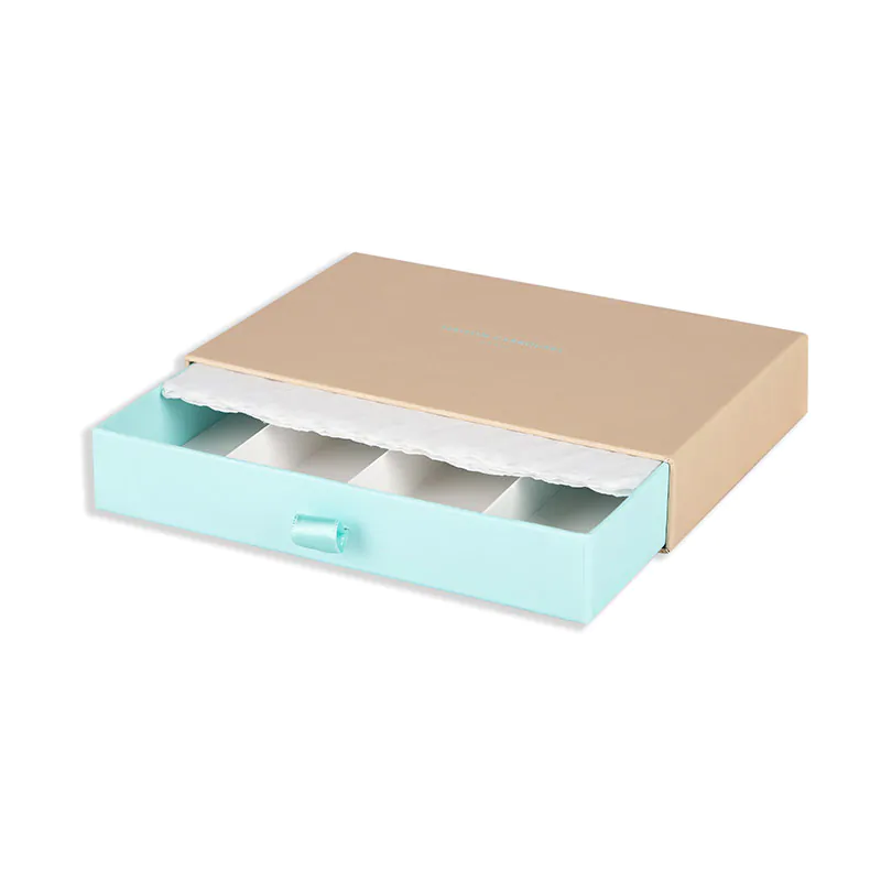 Drawer style rigid macaron box with insert and cushion chocolate pad