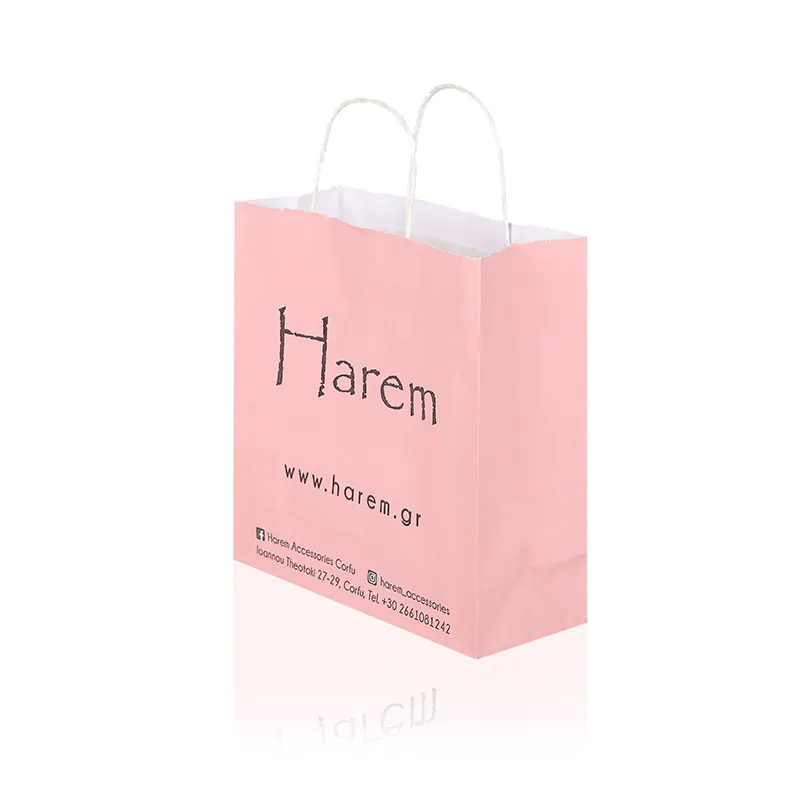 pink twisted handled paper bag says harem