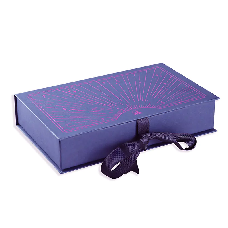 Ribbon closure uncoated hinged box with pink foil