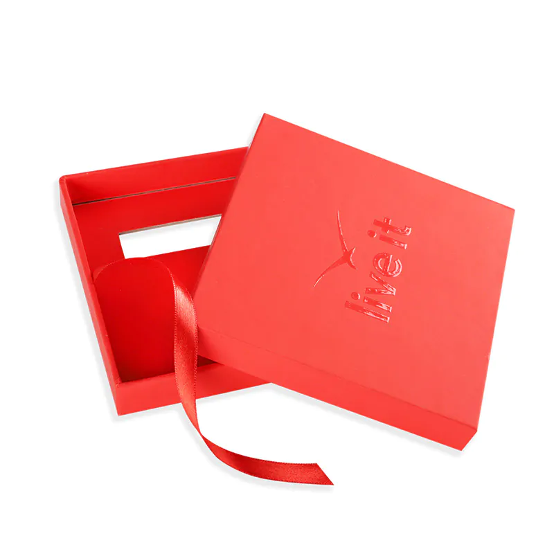 Soft touch laminated red gift box with spot uv and die-cut window