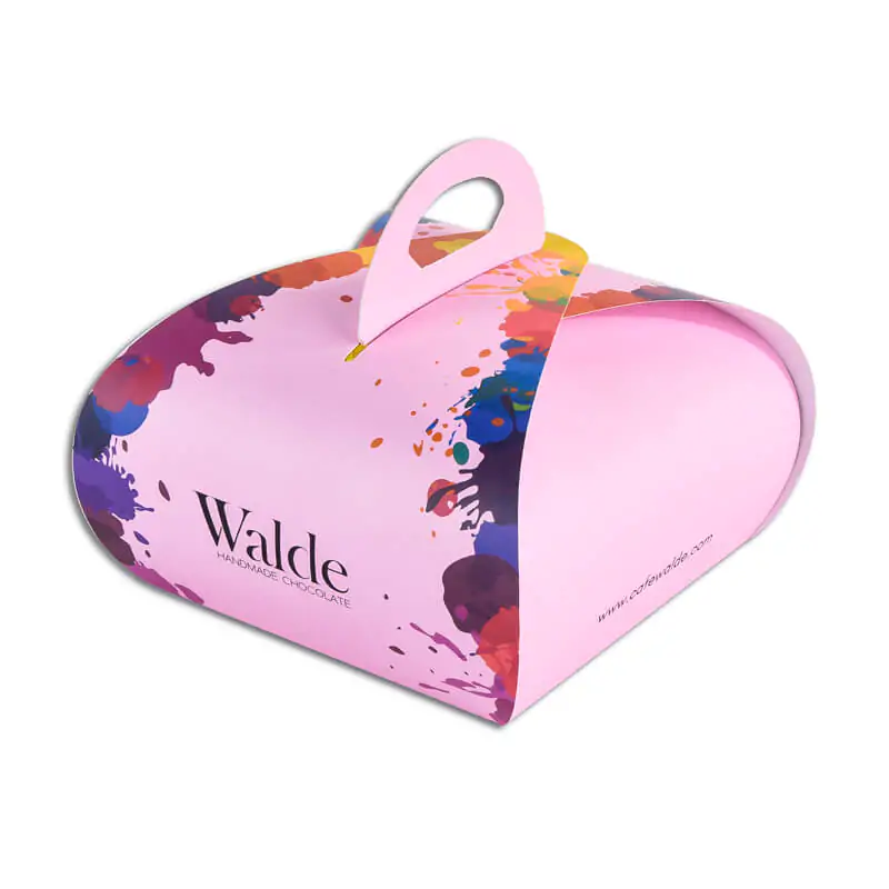 Mat laminated colourful pink cake box that say walde