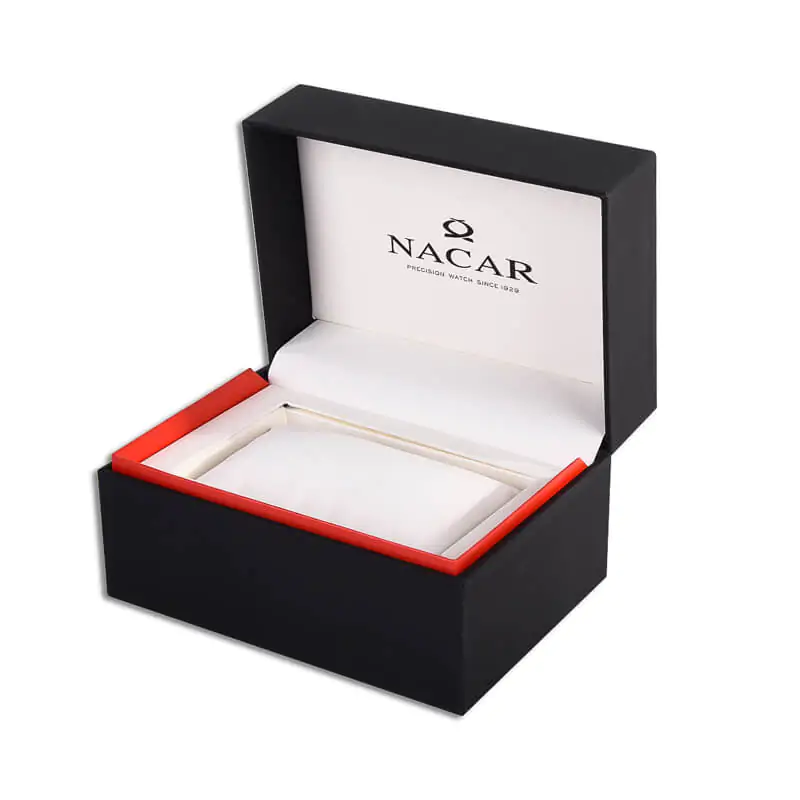 Black and red hinged rigid watch box with pillow insight that says nacar