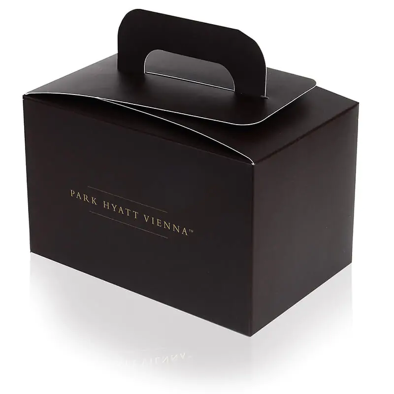 Black gable paper lunch box that says park hyatt vienna