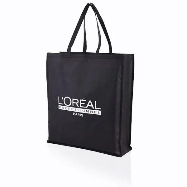 black non woven bag L'Oréal White logo printed black non-woven bag that says L'Oréal