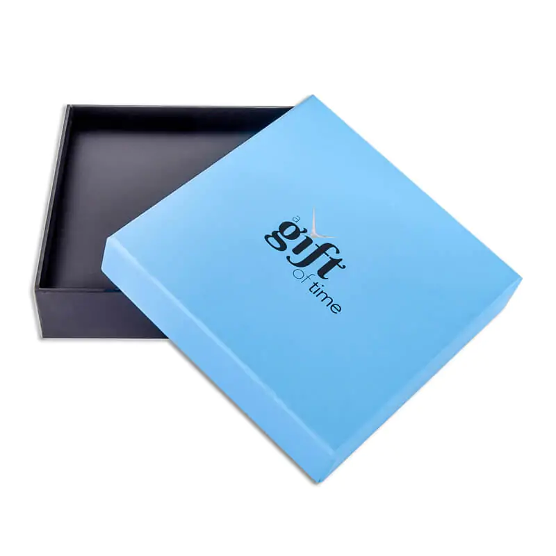 Two piece blue and black rigid presentation box with insert that says gift of time