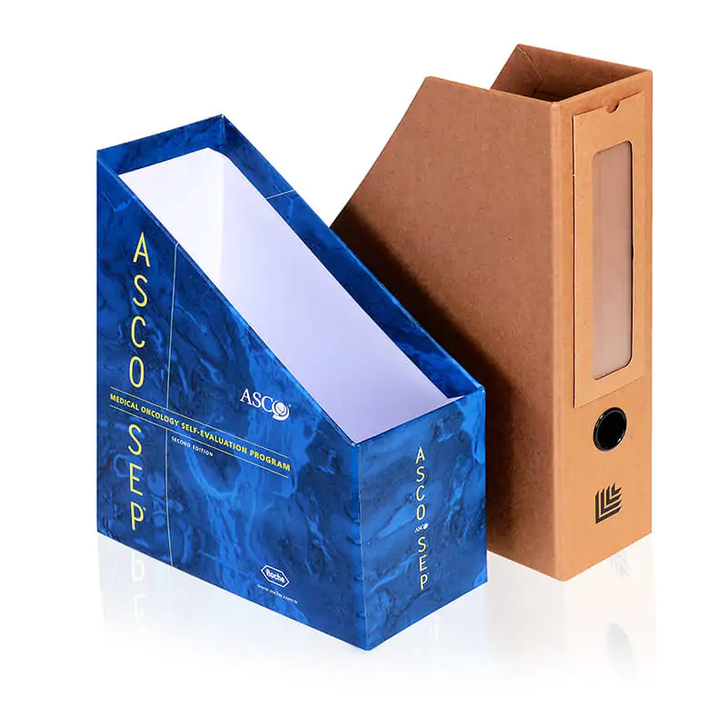 Two custom slip cases blue and borwn kraft