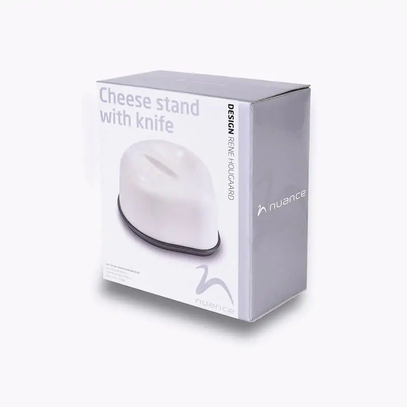 Glosys laminated product box that says cheese stand with knife