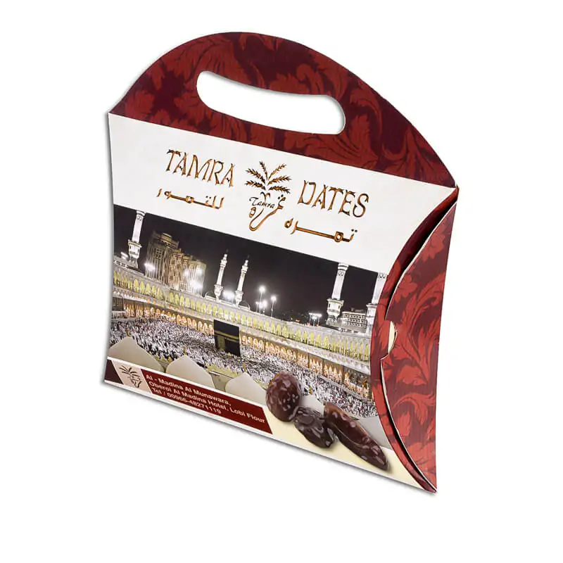 Pillow paper date box with die cut handle that says tamra dates