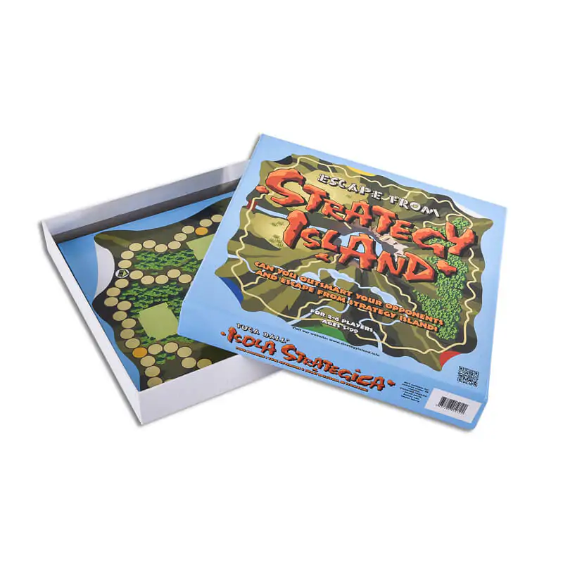 Lift off lid rigid game packaging box that says strategy island