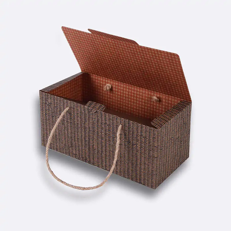 Twine rope handled kraft paper meal box with gingham and wicker patterns