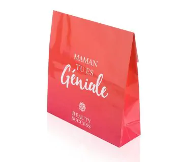 Gloss laminated red couche paper gift bag that says géniale