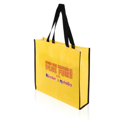 Glossy custom printed yellow pp-woven bag that says kinder nutella