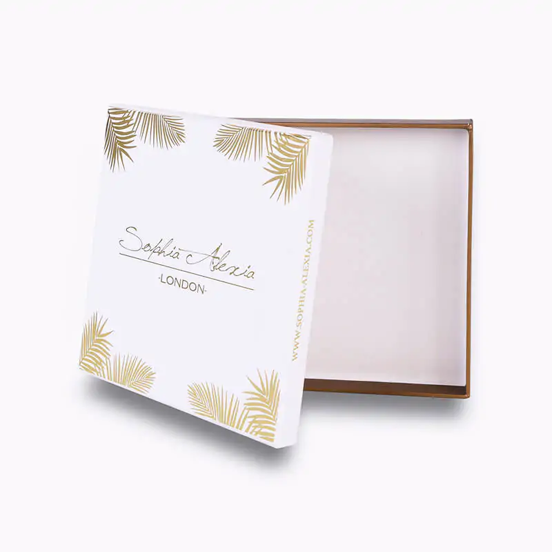 White lift off lid rigid gift box with gold colour hot foil printing