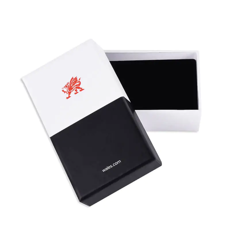 Lift off lid presenttaion gift box with flocked foam insert that says wales.com