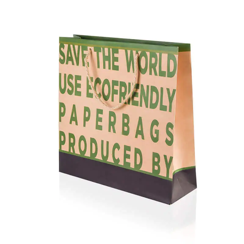 Brown kraft rcycable luxury paper bag with natural twine handle that says save the world