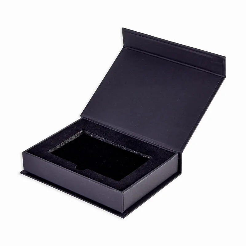 Black uncoated magnetic gift card box with flocked foam insert