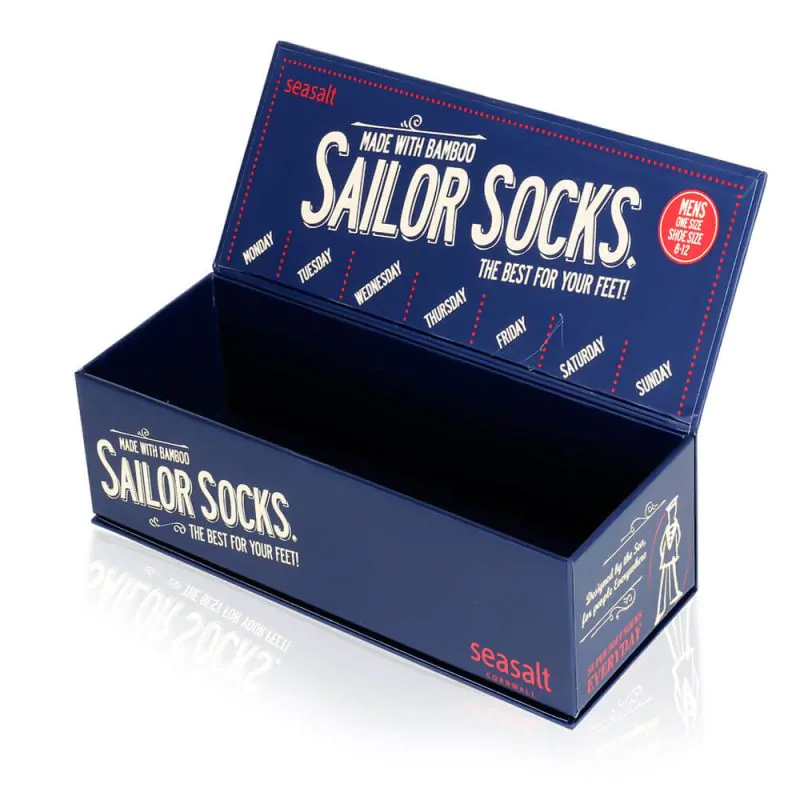 Dark blue magnetic closure rigid socs box that says sailor socs