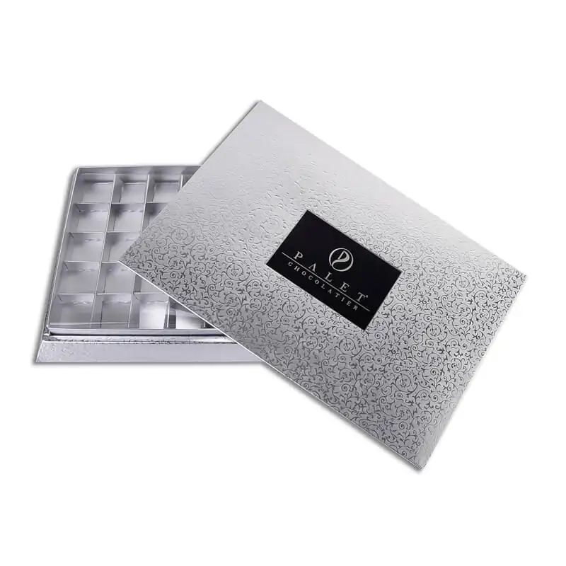 Silver uv printed two piece chocolate box with insert that says palet