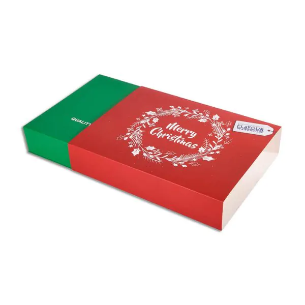 offset printed paperboard box sleeve Red paperboard sleeve on green box that says merry christmas