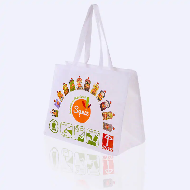 Cmyk offset printed white non-woven pp tote bag that says Squiz